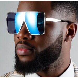 Super Large Shield Sunglasses Men Blue Mirrored Lenses Silver Frame Gafas Lentes